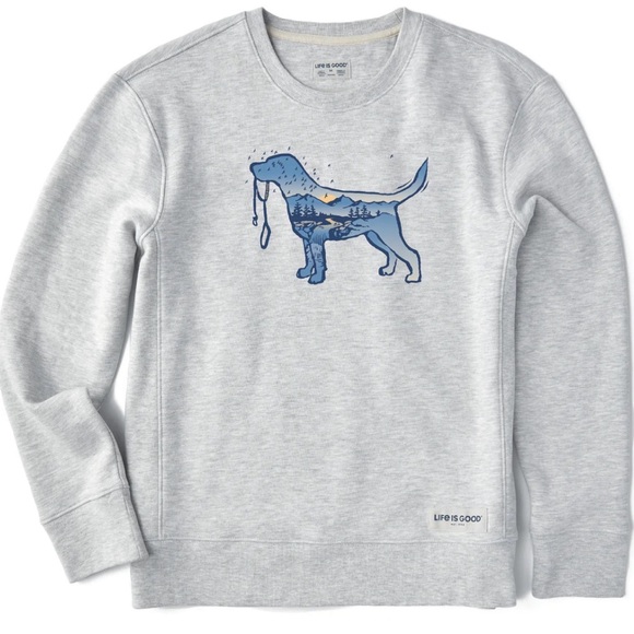 Life Is Good Sweaters - Life Is Good Heather Gray Sweatshirt with Blue Dog Design Macro Micro Dogscape